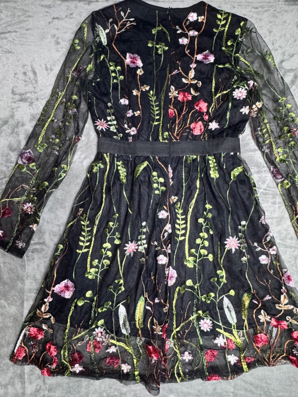 Black Embroidered Floral Mesh Dress Sheer Sleeve Boho Cottagecore Small - Picture 2 of 10